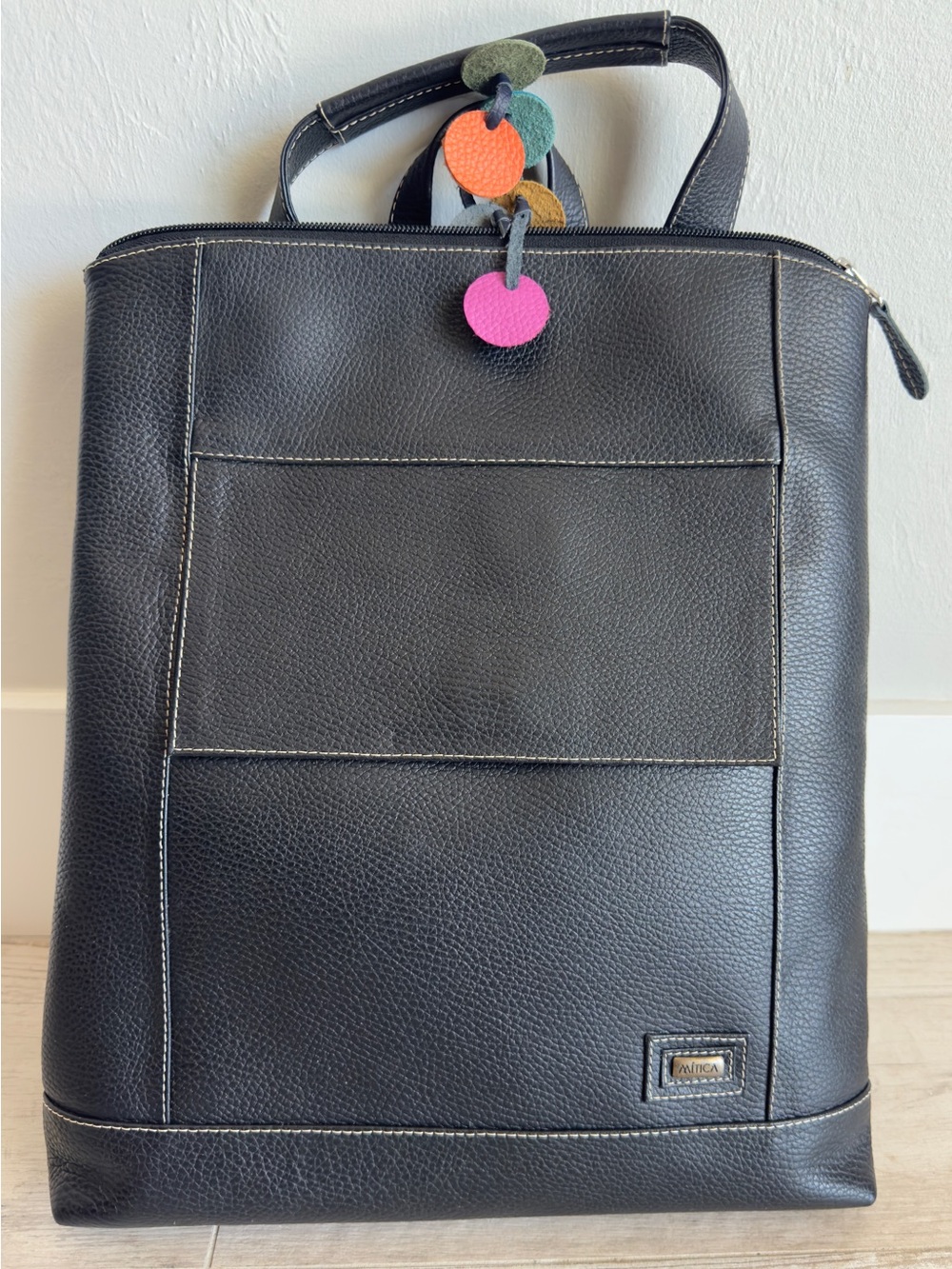 Unisex MITICA Black Leather Backpack/Tote with Colorful Removable Charms